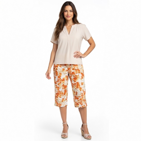 Chico's Pants - Chico's Womens Orange Tan Floral Print Capris Size 1.5 (US 10) Stretch Cotton VG